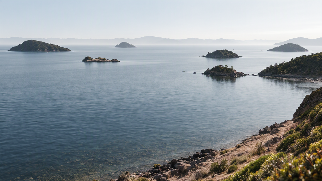 A conceptual view across water toward indistinct islands at varying distances.