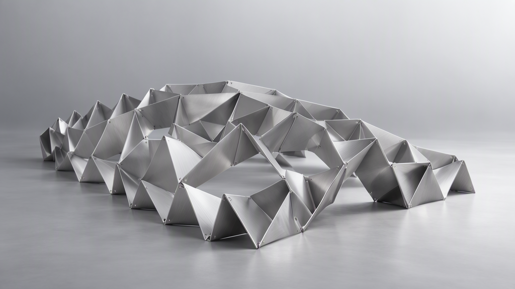 A conceptual folded-metal lattice shell made from repeated connected modules, shown against a plain background.