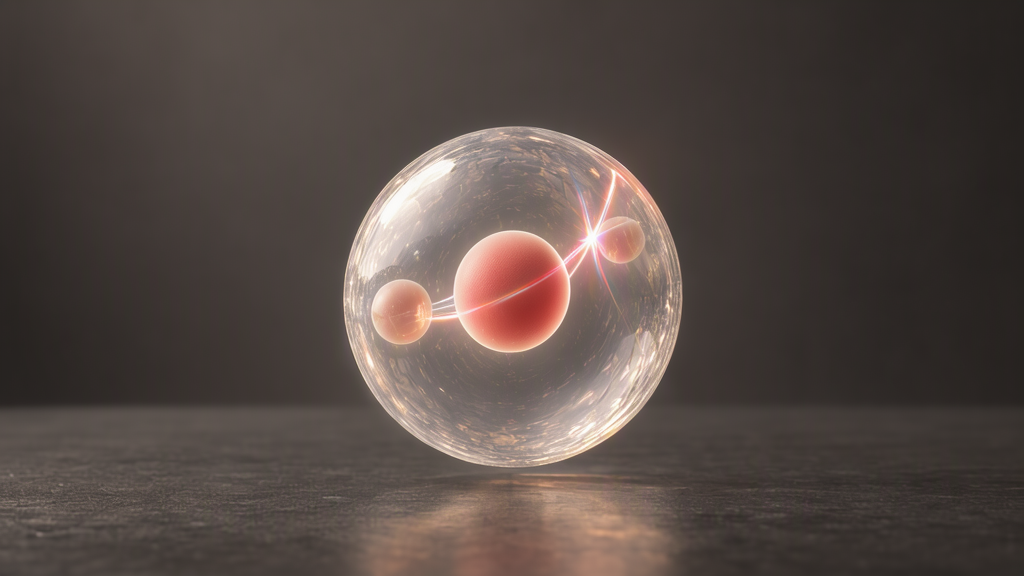 A conceptual helium atom with two electron forms returning together as a single X-ray pulse emerges.