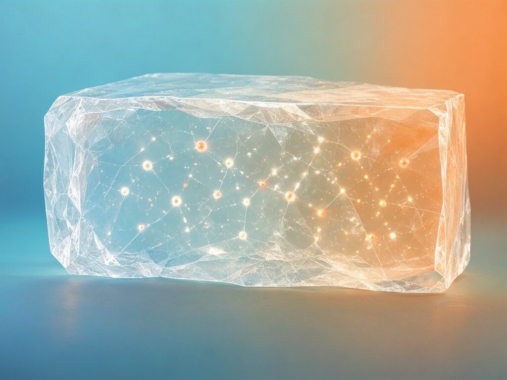 A conceptual crystalline block with small glowing points moving through it, shifting from cool to warm colors.