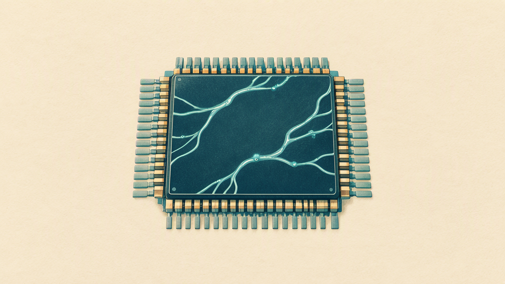 A conceptual computer chip with two stylized neural pathways and a subtle flow suggesting memory movement.