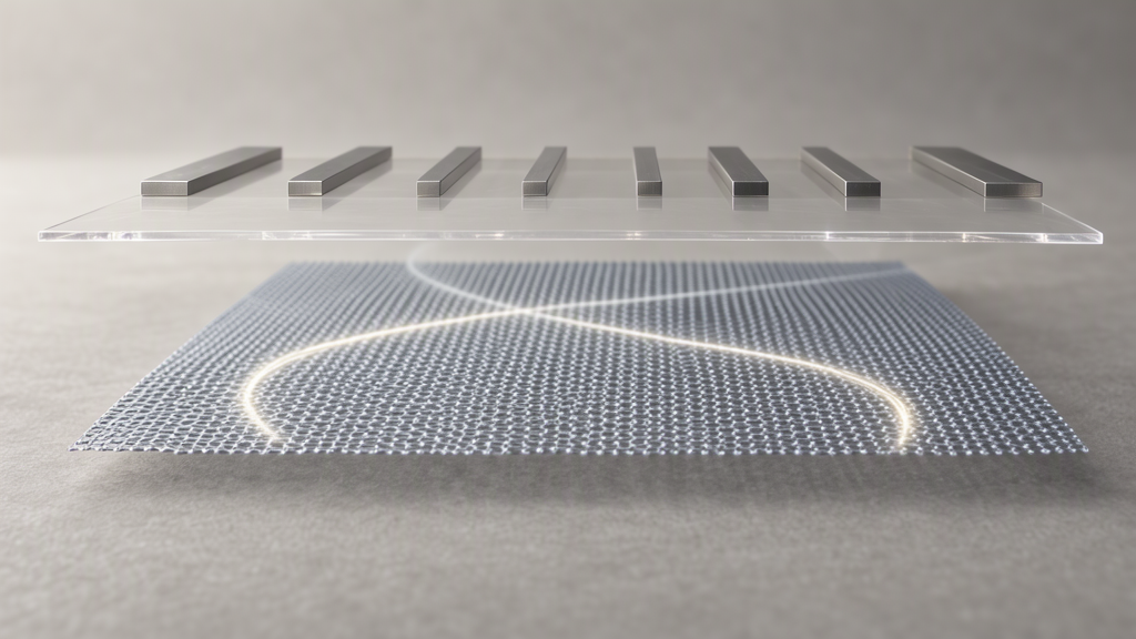 Conceptual render of a graphene sheet beneath a transparent insulating layer and narrow metal strips, with two curved trails suggesting charge carriers moving toward opposite sides.