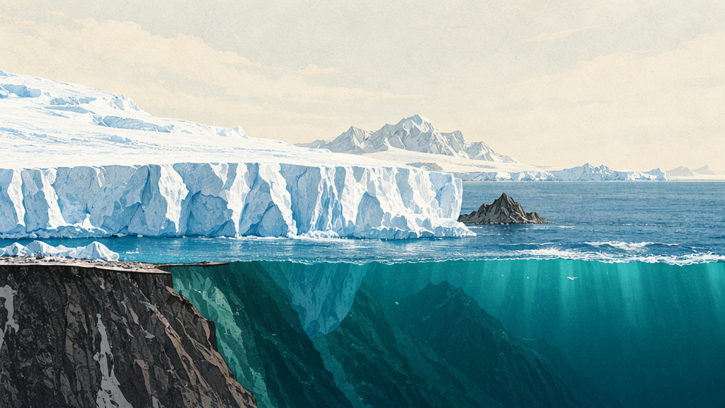 Conceptual cutaway of Thwaites Glacier extending over an underwater ridge as seawater reaches beneath its grounded ice.