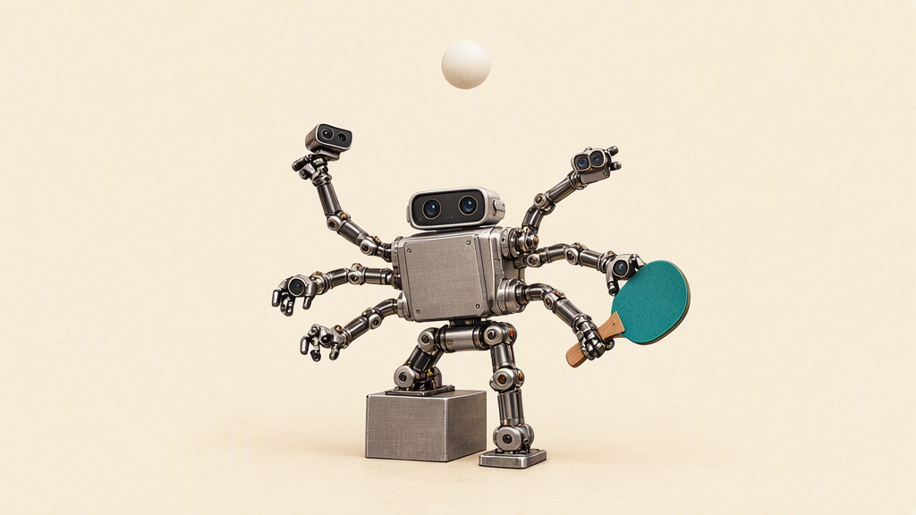 A six-armed metal robot with cameras and a paddle beneath a ping-pong ball, shown as a conceptual illustration.