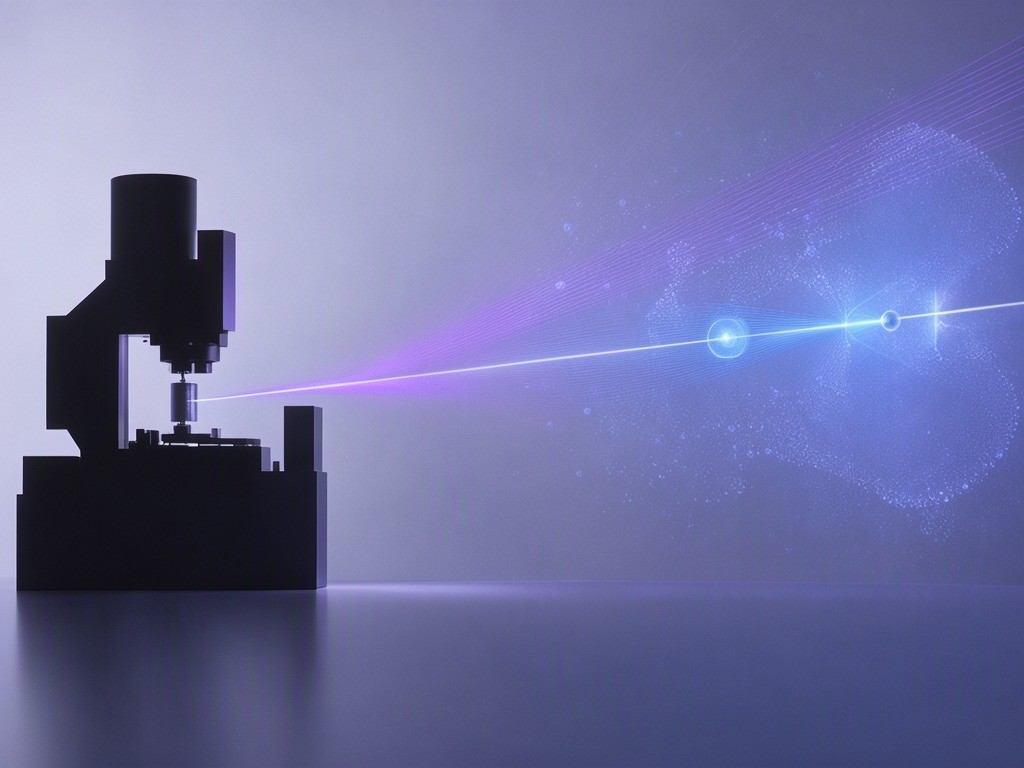 Conceptual illustration of violet and blue beams crossing within an abstract microscope, with indistinct molecular forms nearby.