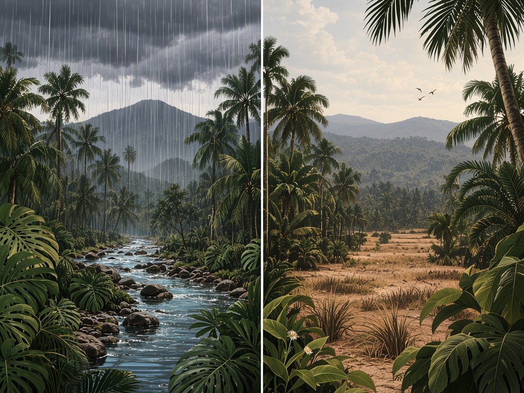 Conceptual illustration contrasting a rain-soaked forest stream with a forest experiencing a dry spell.