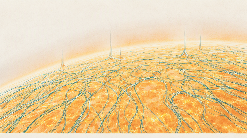 Conceptual view of thin magnetic threads arching above a quiet region of the Sun, with narrow spicules rising from the surface.