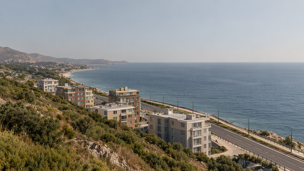 A conceptual view of a coastal urban edge beside a vegetated hillside.