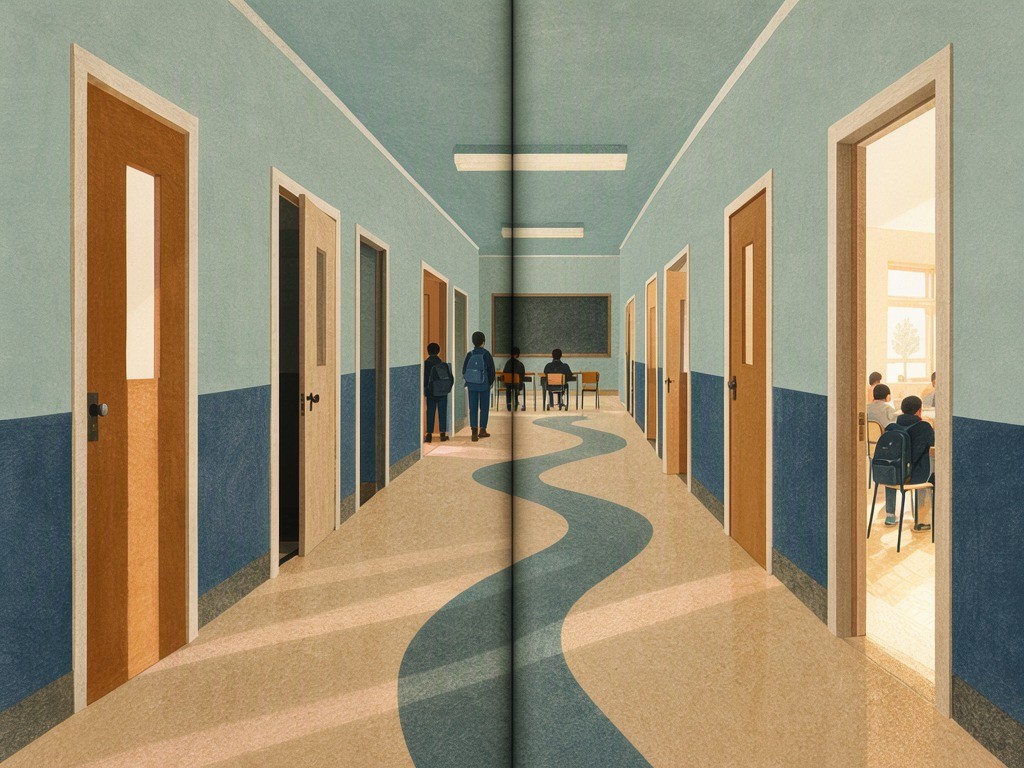 An illustrated school corridor with several doorways opening onto different routes toward a classroom.