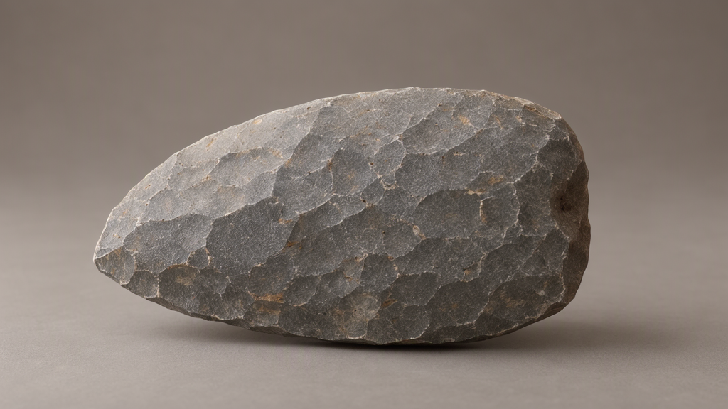 A generic stone hand axe shown alone against a neutral background as a conceptual representation of the Acheulean tool tradition.
