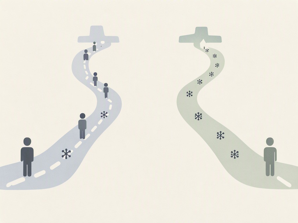 Abstract illustration of two trial pathways with silhouettes and repeated exposure symbols, representing how natural infection could affect comparisons in a vaccine study.