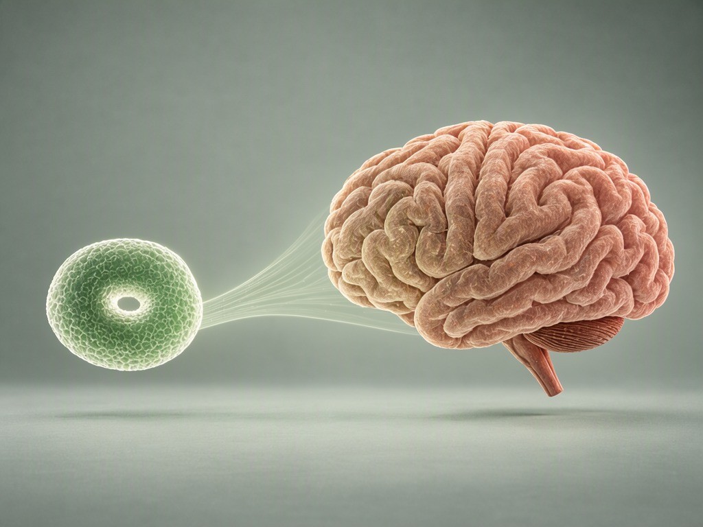 Conceptual illustration of light linking a small abstract alga with a brain-shaped form.