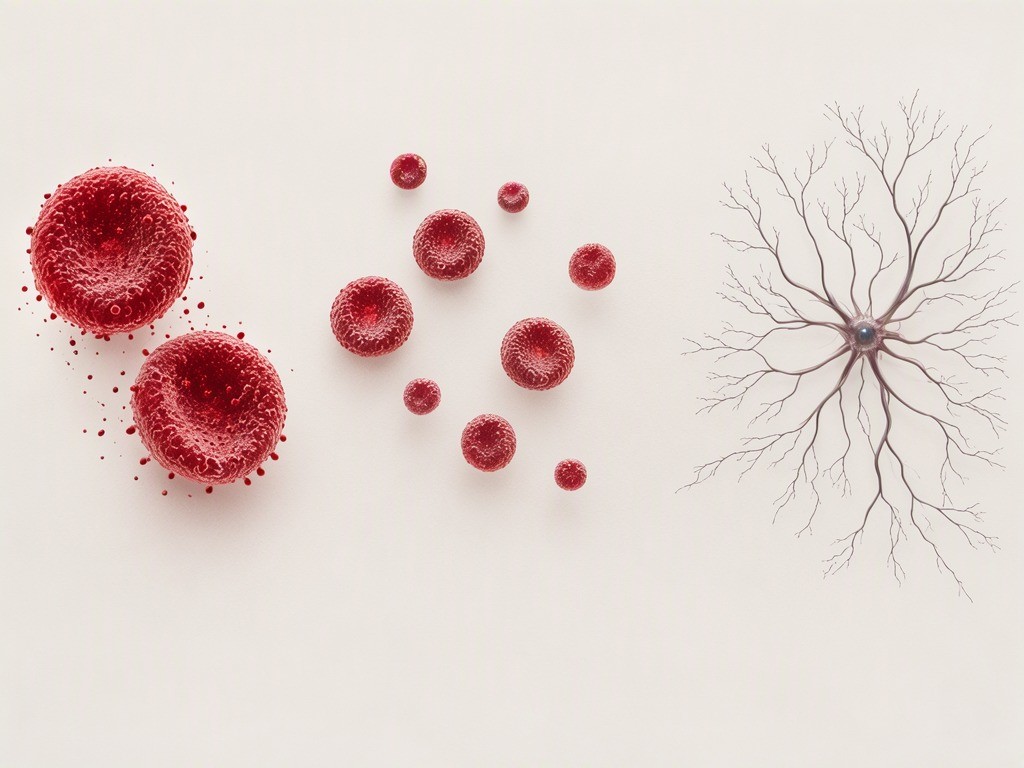 Abstract blood-cell forms transition gradually into branching neural stem-cell forms.