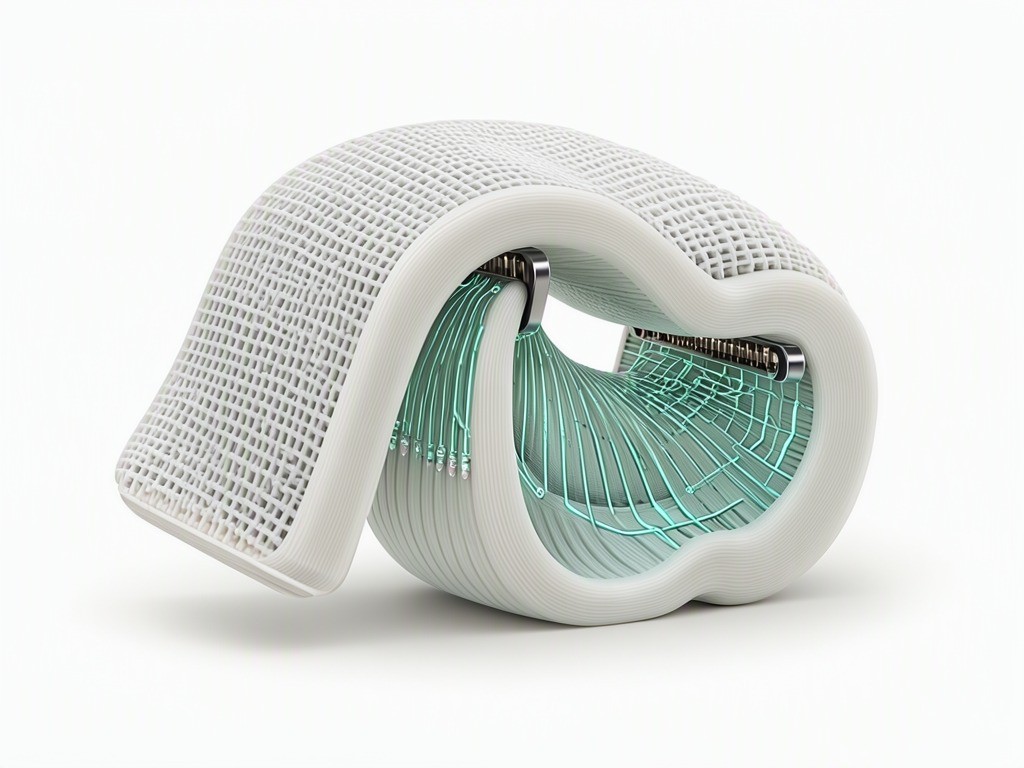 Conceptual illustration of a flexible printed object bending at a hinge, with contrasting embedded pathways suggesting sensors and traces.