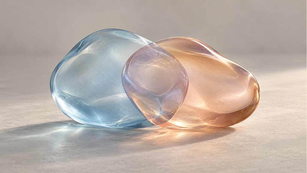 Two softly colored translucent forms overlap on a neutral surface as an abstract metaphor for coexisting states.
