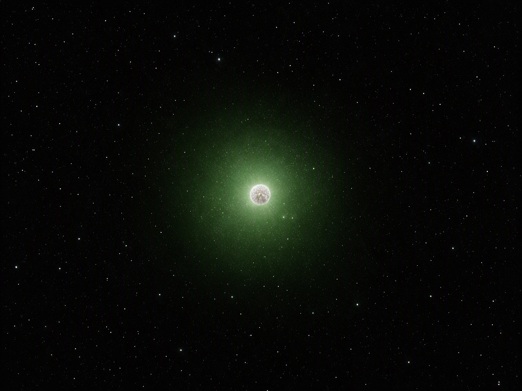 An illustrated white dwarf glows green against a dark space background, with subtle color accents.