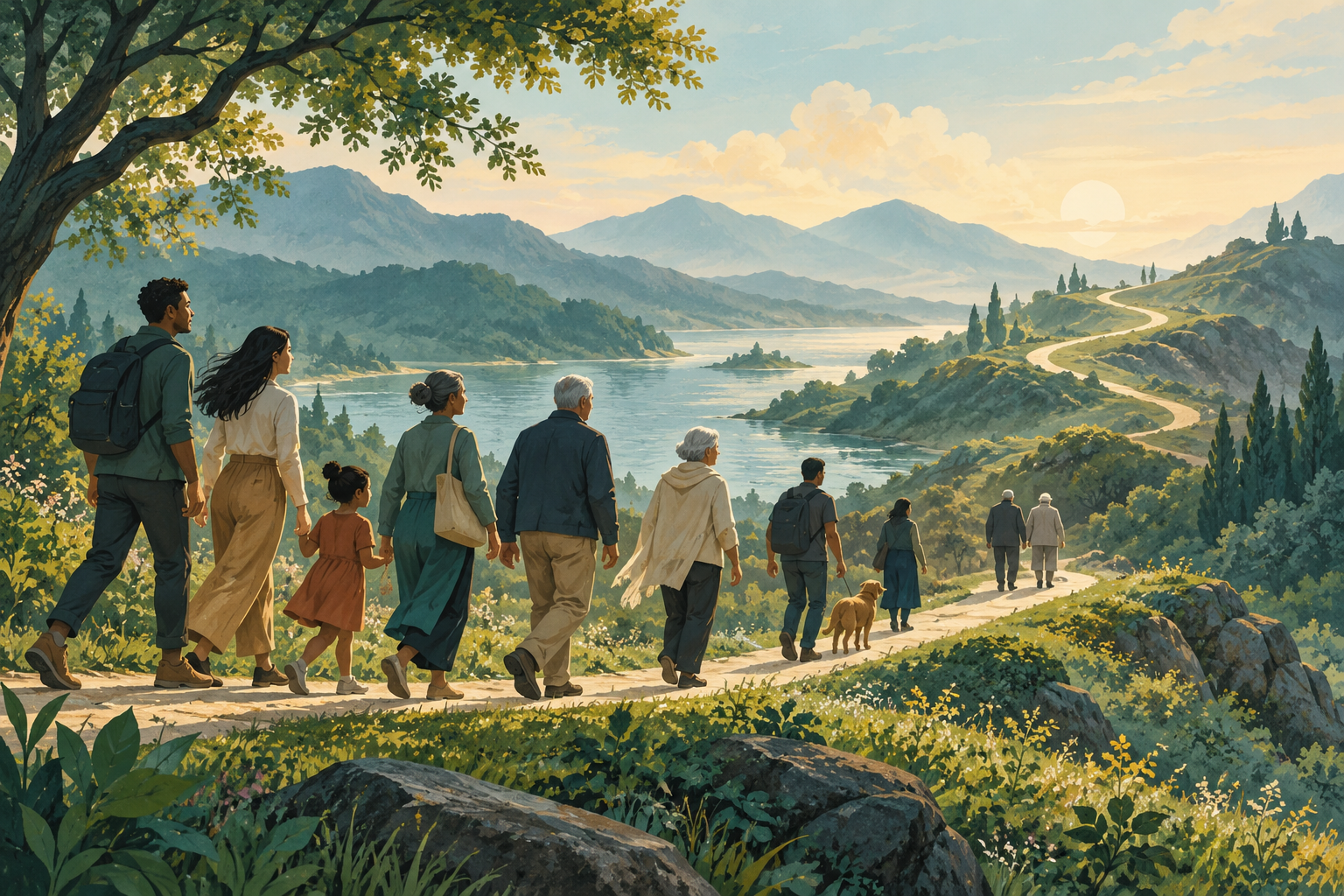 People of different generations walk along a winding path through a landscape.