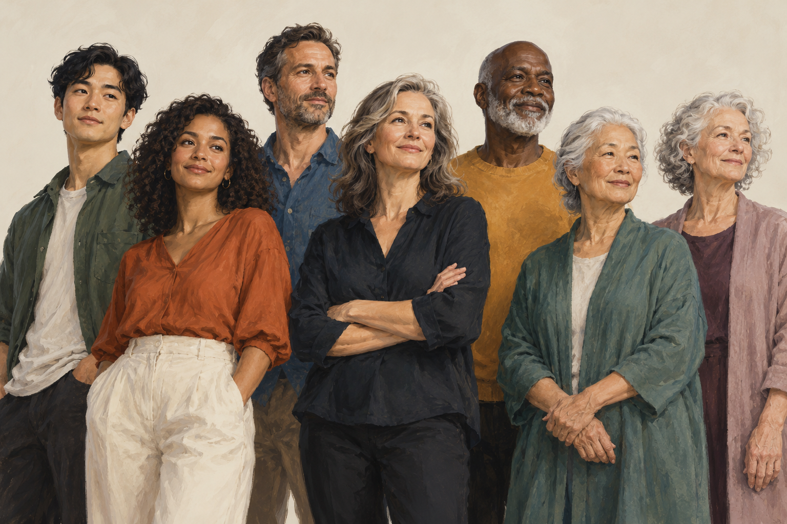 Illustration of adults of different ages against a plain background.