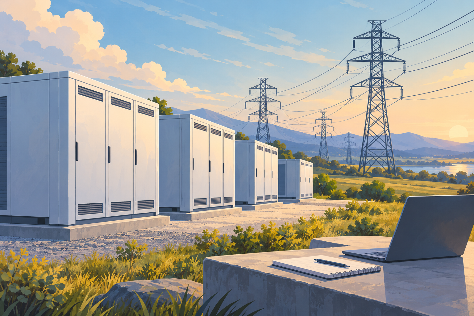 Stylized battery storage cabinets and electricity pylons beside a notebook and laptop.